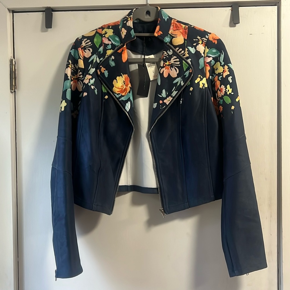 Floral suede moto jacket